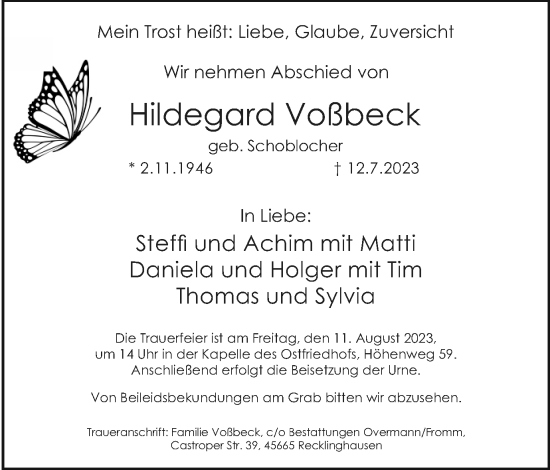 Traueranzeige von Hildegard Voßbeck von Medienhaus Bauer