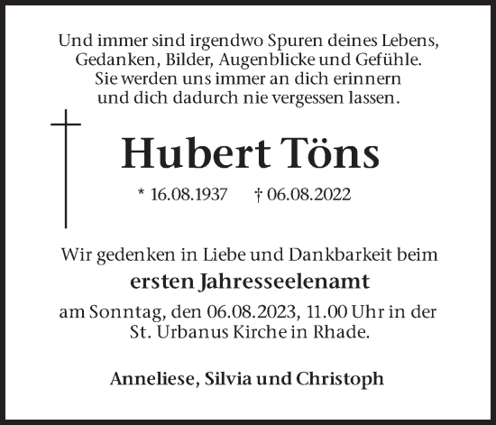 Traueranzeige von Hubert Töns von Ruhr Nachrichten und Dorstener Zeitung