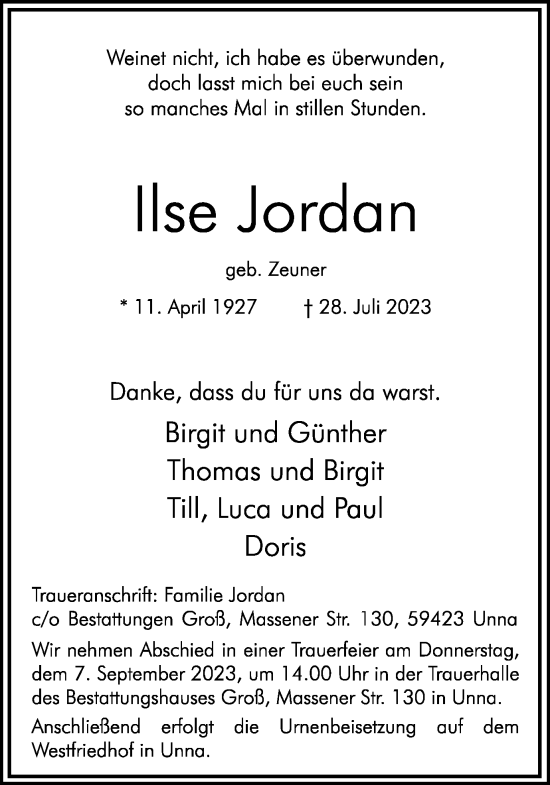 Traueranzeige von Ilse Jordan von Hellweger Anzeiger