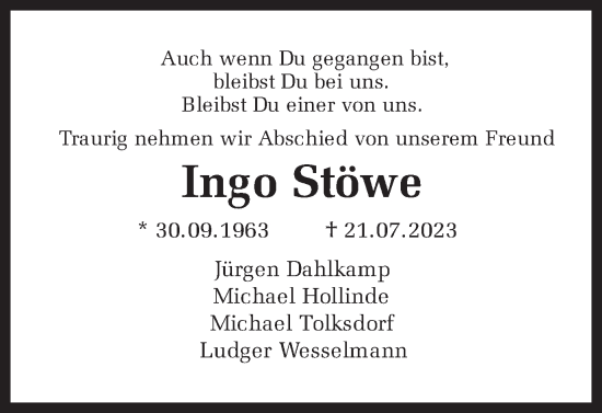 Traueranzeige von Ingo Stöwe von Ruhr Nachrichten