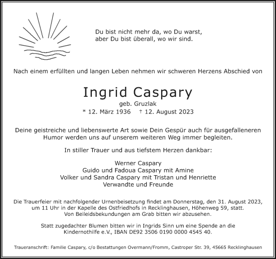 Traueranzeige von Ingrid Caspary von Medienhaus Bauer