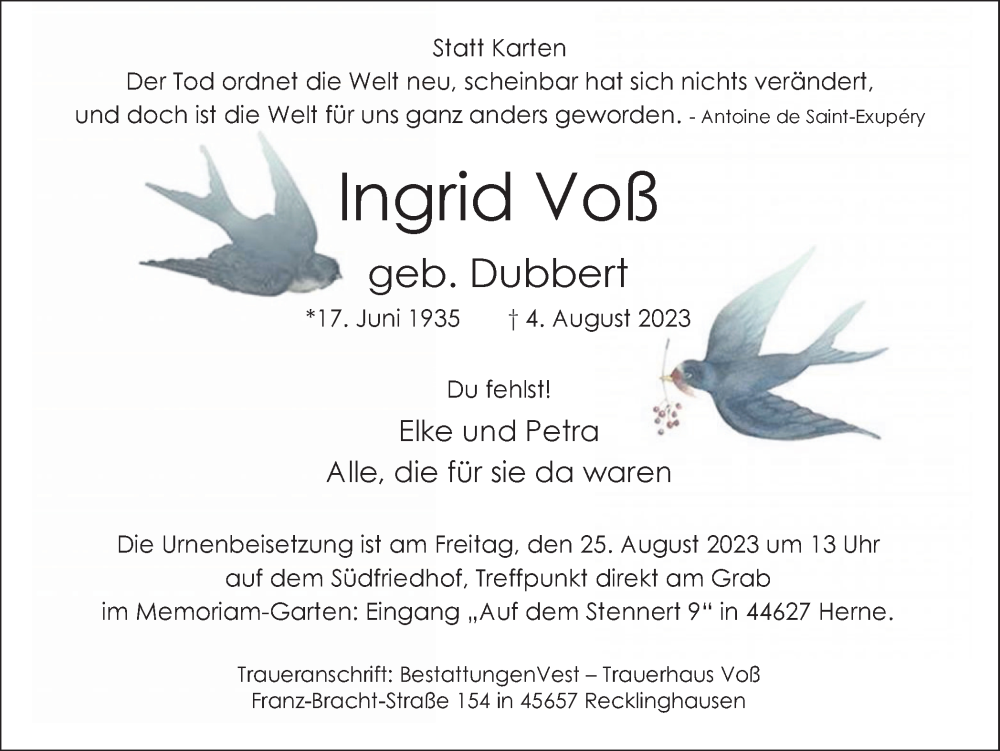 Traueranzeigen Von Ingrid Voß Sich Erinnernde 4630