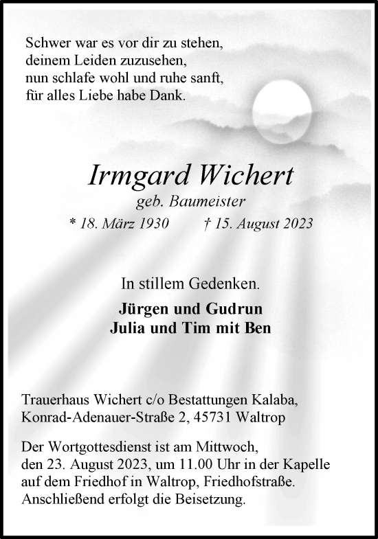 Traueranzeige von Irmgard Wichert von Medienhaus Bauer