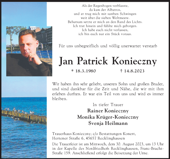 Traueranzeige von Jan Patrick Konieczny von Medienhaus Bauer