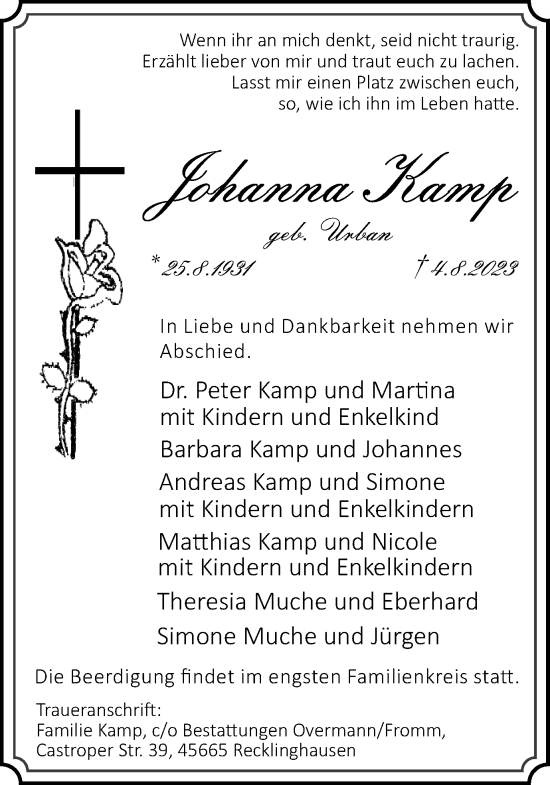Traueranzeige von Johanna Kamp von Medienhaus Bauer