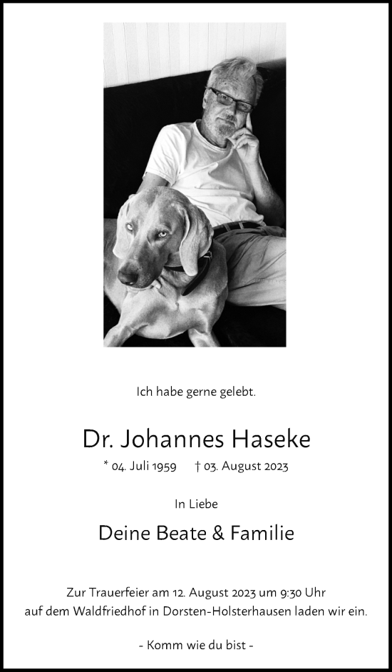 Traueranzeige von Johannes Haseke von Ruhr Nachrichten und Dorstener Zeitung