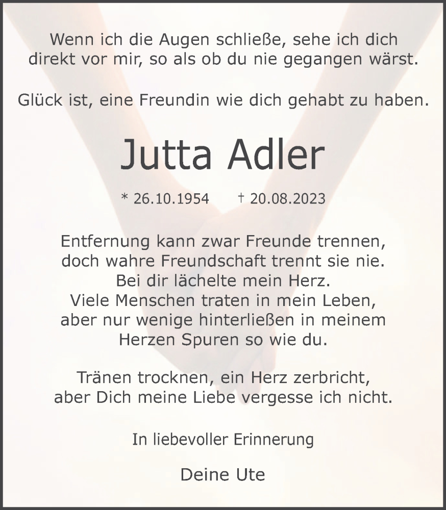  Traueranzeige für Jutta Adler vom 26.08.2023 aus Medienhaus Bauer