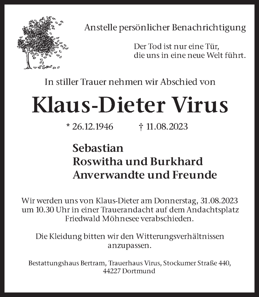  Traueranzeige für Klaus-Dieter Virus vom 26.08.2023 aus 