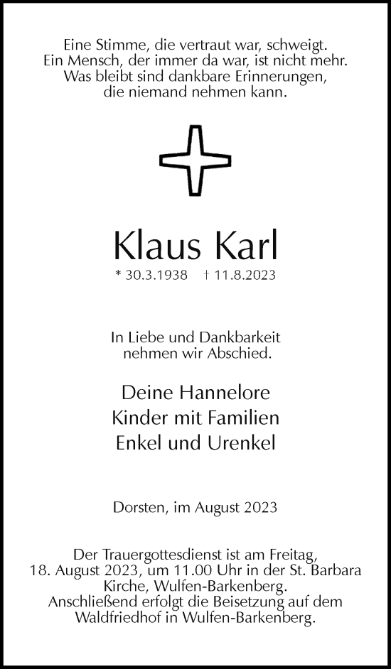 Traueranzeige von Klaus Karl von Ruhr Nachrichten und Dorstener Zeitung