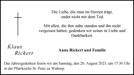 Traueranzeige von Klaus Rickert von Medienhaus Bauer