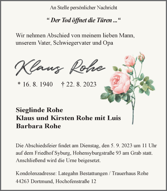 Traueranzeige von Klaus Rohe 