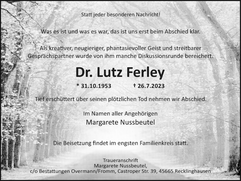  Traueranzeige für Lutz Ferley vom 05.08.2023 aus Medienhaus Bauer