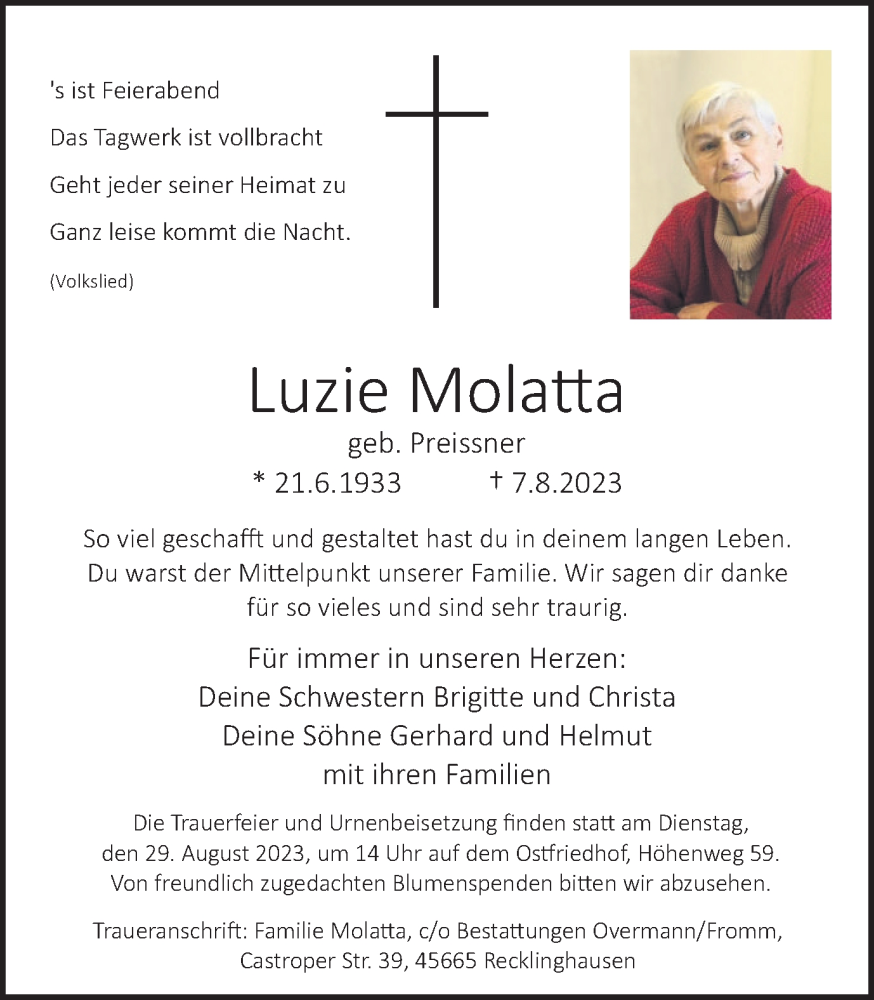  Traueranzeige für Luzie Molatta vom 19.08.2023 aus Medienhaus Bauer