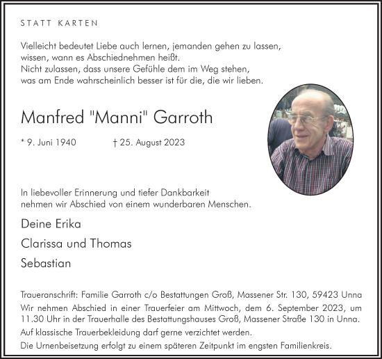 Traueranzeige von Manfred Garroth von Hellweger Anzeiger