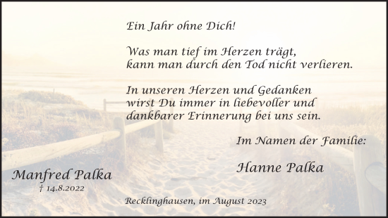 Traueranzeige von Manfred Palka von Medienhaus Bauer