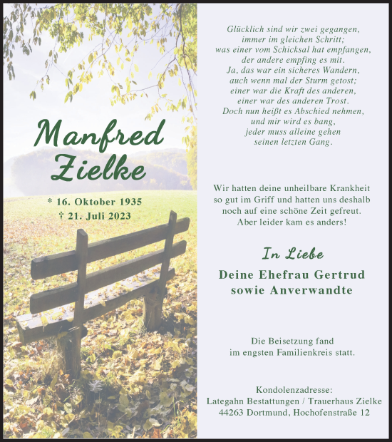 Traueranzeige von Manfred Zielke 