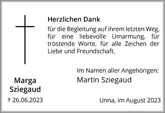 Traueranzeige von Marga Sziegaud von Hellweger Anzeiger