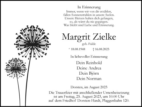 Traueranzeige von Margrit Zielke von Ruhr Nachrichten und Dorstener Zeitung