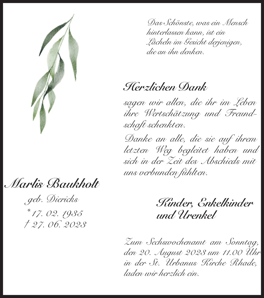  Traueranzeige für Marlis Baukholt vom 12.08.2023 aus Ruhr Nachrichten und Dorstener Zeitung