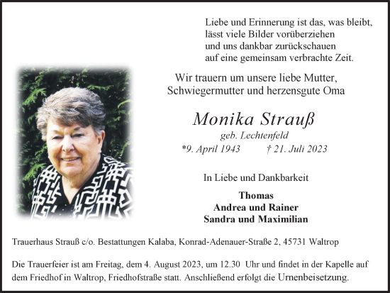 Traueranzeige von Monika Strauß von Medienhaus Bauer