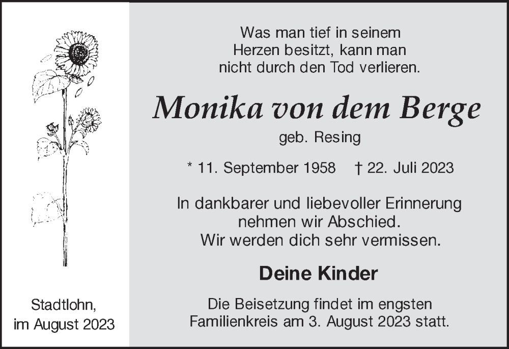  Traueranzeige für Monika von dem Berge vom 01.08.2023 aus Münstersche Zeitung und Münsterland Zeitung