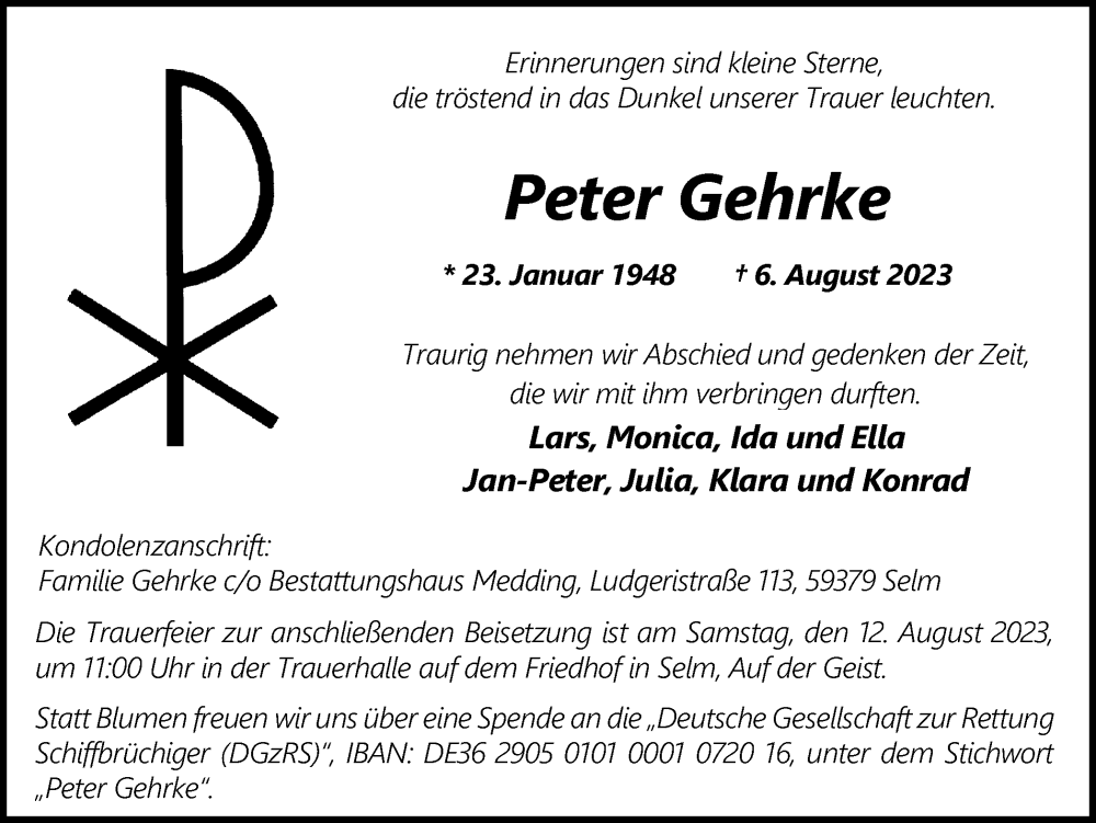  Traueranzeige für Peter Gehrke vom 09.08.2023 aus Ruhr Nachrichten