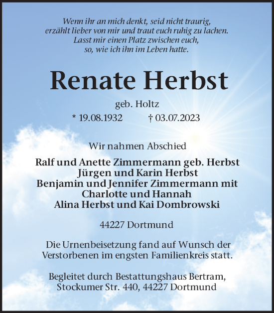 Traueranzeige von Renate Herbst 