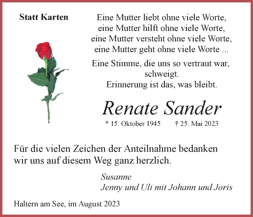  Traueranzeige für Renate Sander vom 05.08.2023 aus Ruhr Nachrichten und Halterner Zeitung