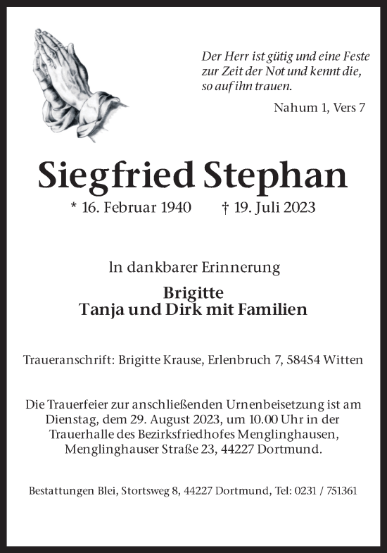 Traueranzeige von Siegfried Stephan 