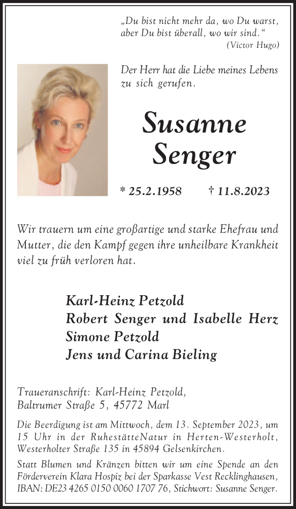  Traueranzeige für Susanne Senger vom 26.08.2023 aus Medienhaus Bauer