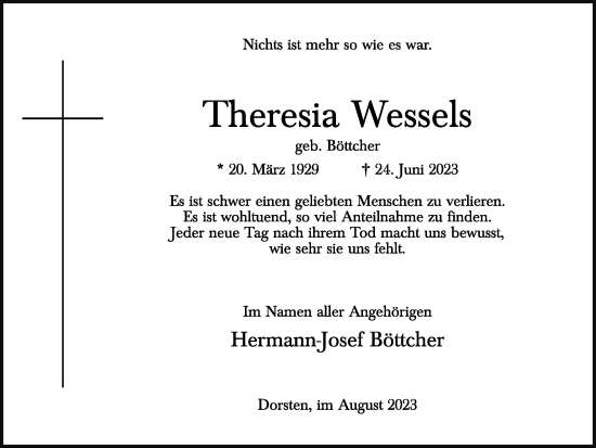 Traueranzeige von Theresia Wessels von Ruhr Nachrichten und Dorstener Zeitung