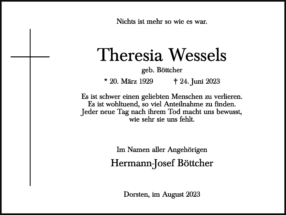  Traueranzeige für Theresia Wessels vom 12.08.2023 aus Ruhr Nachrichten und Dorstener Zeitung