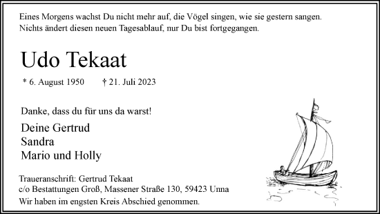 Traueranzeige von Udo Tekaat von Hellweger Anzeiger
