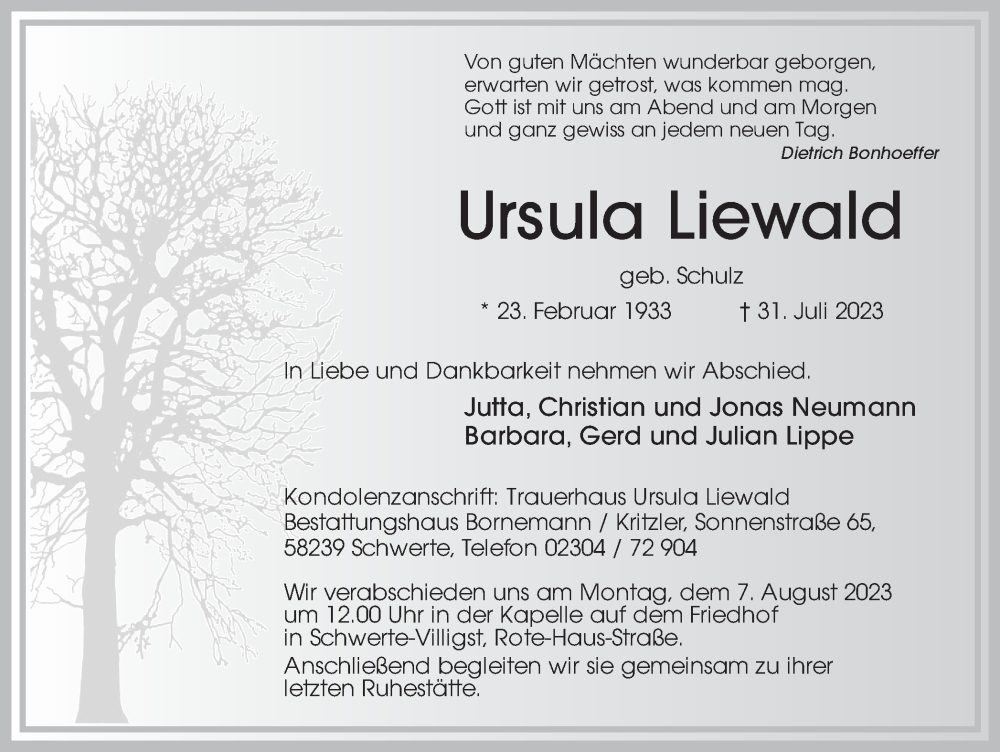  Traueranzeige für Ursula Liewald vom 05.08.2023 aus Ruhr Nachrichten