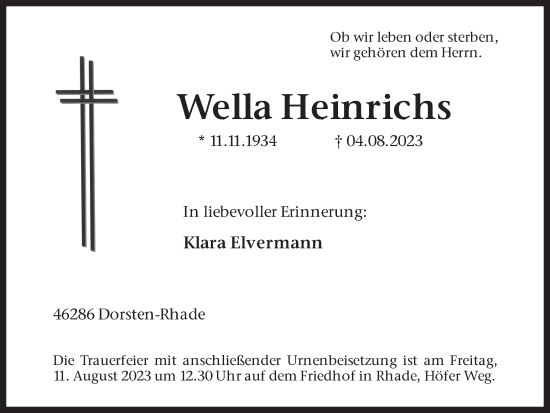 Traueranzeige von Wella Heinrichs von Ruhr Nachrichten und Dorstener Zeitung