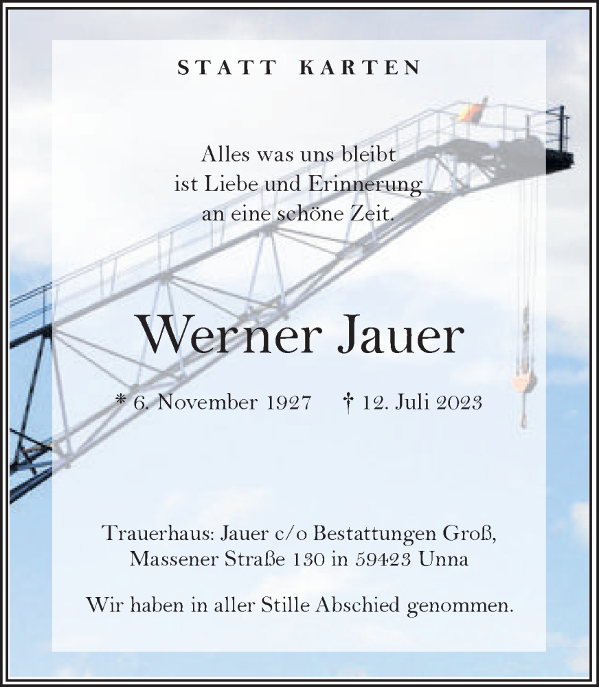  Traueranzeige für Werner Jauer vom 05.08.2023 aus Hellweger Anzeiger