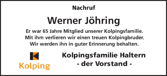 Traueranzeige von Werner Jöhring von Ruhr Nachrichten und Halterner Zeitung
