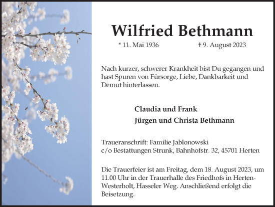 Traueranzeige von Wilfried Bethmann von Medienhaus Bauer