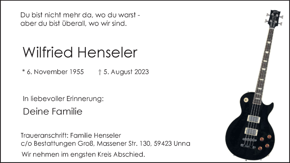  Traueranzeige für Wilfried Henseler vom 12.08.2023 aus Hellweger Anzeiger