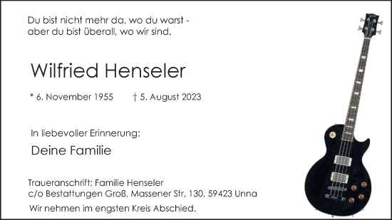 Traueranzeige von Wilfried Henseler von Hellweger Anzeiger