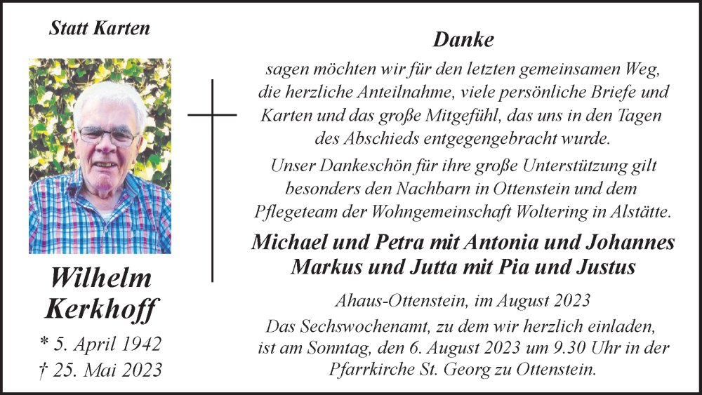  Traueranzeige für Wilhelm Kerkhoff vom 03.08.2023 aus Münstersche Zeitung und Münsterland Zeitung