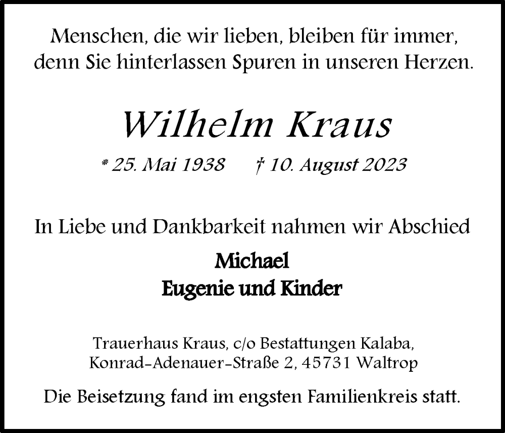  Traueranzeige für Wilhelm Kraus vom 23.08.2023 aus Medienhaus Bauer