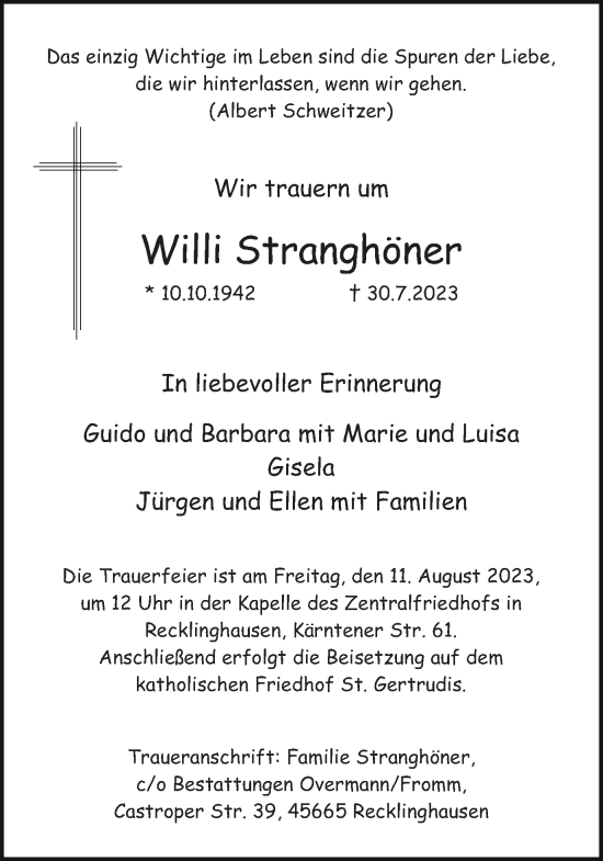 Traueranzeige von Willi Stranghöner von Medienhaus Bauer