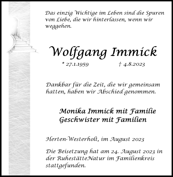 Traueranzeige von Wolfgang Immick von Medienhaus Bauer