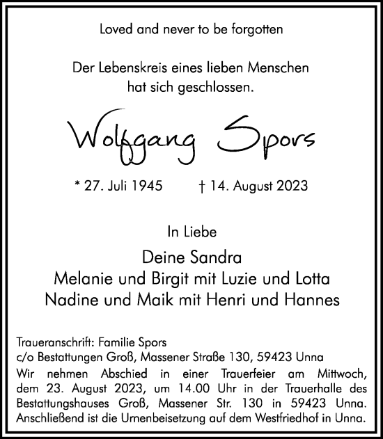 Traueranzeige von Wolfgang Spors von Hellweger Anzeiger