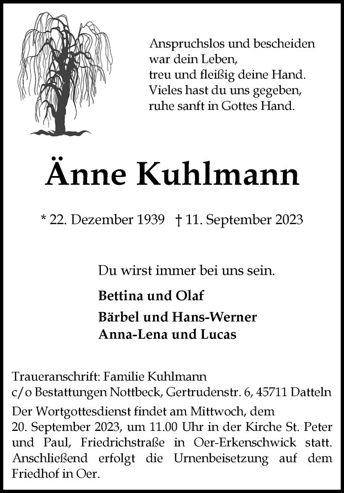  Traueranzeige für Änne Kuhlmann vom 16.09.2023 aus Medienhaus Bauer