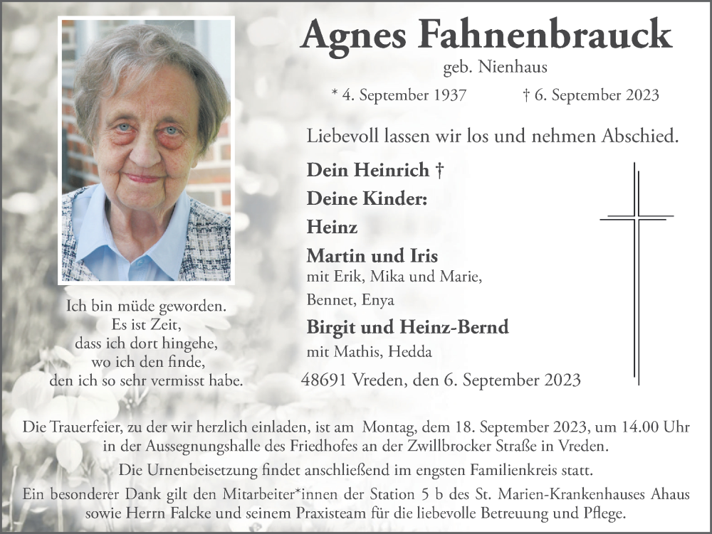  Traueranzeige für Agnes Fahnenbrauck vom 14.09.2023 aus Münstersche Zeitung und Münsterland Zeitung