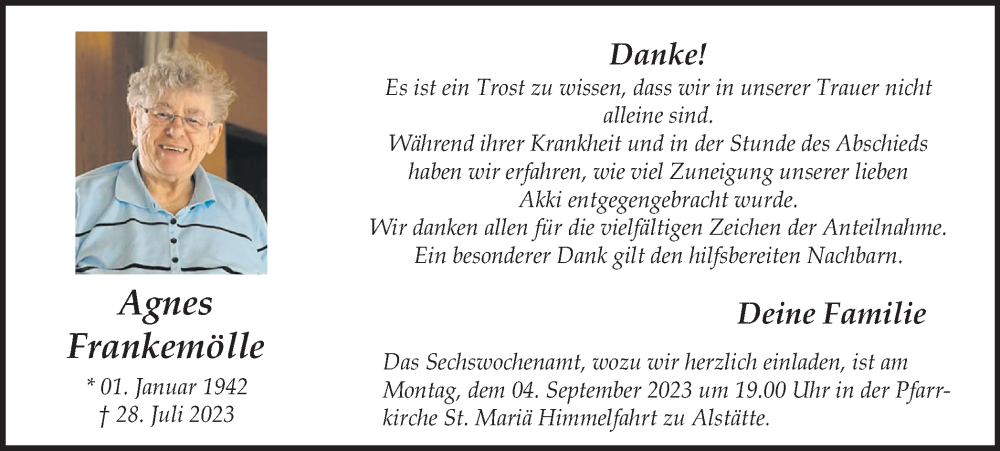  Traueranzeige für Agnes Frankemölle vom 01.09.2023 aus Münstersche Zeitung und Münsterland Zeitung