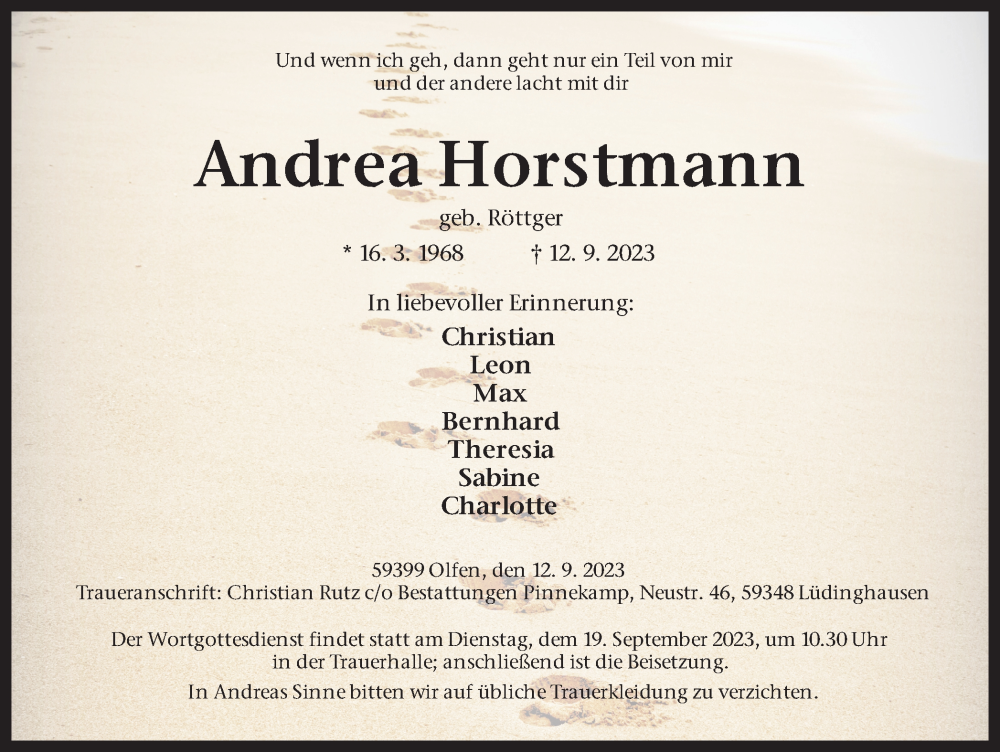  Traueranzeige für Andrea Horstmann vom 15.09.2023 aus Ruhr Nachrichten