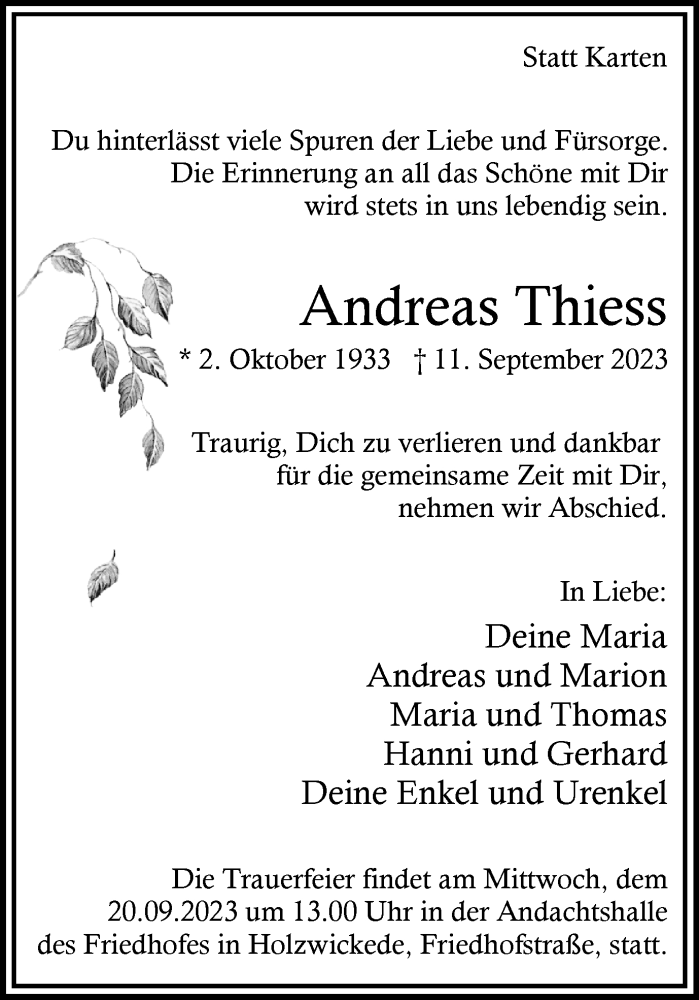  Traueranzeige für Andreas Thiess vom 16.09.2023 aus Hellweger Anzeiger